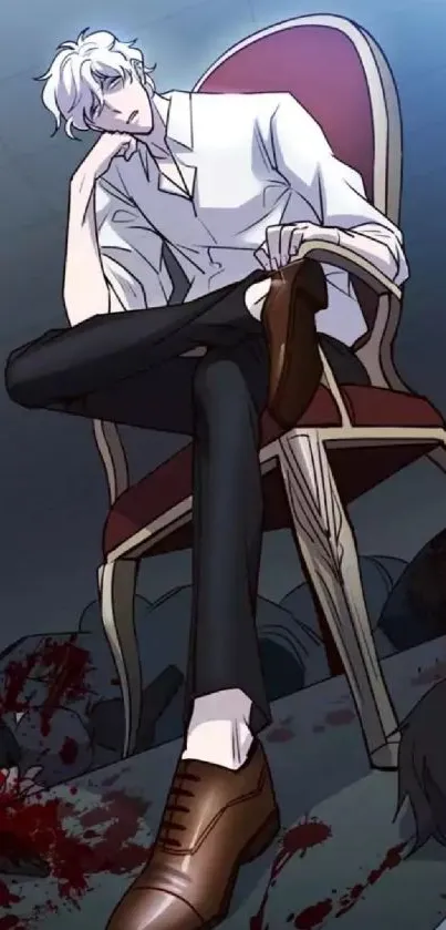 Dark anime scene with figure on chair, vivid colors.