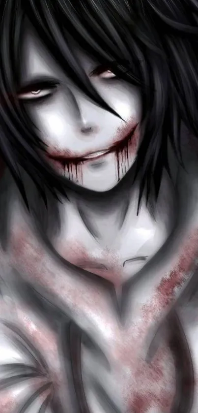 Mysterious dark anime character with haunting expression in gothic art style.