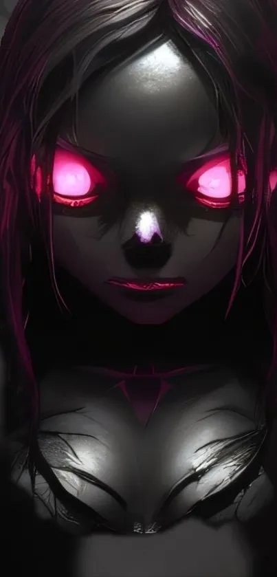 Mysterious dark anime character with glowing pink eyes and intense visual appeal.