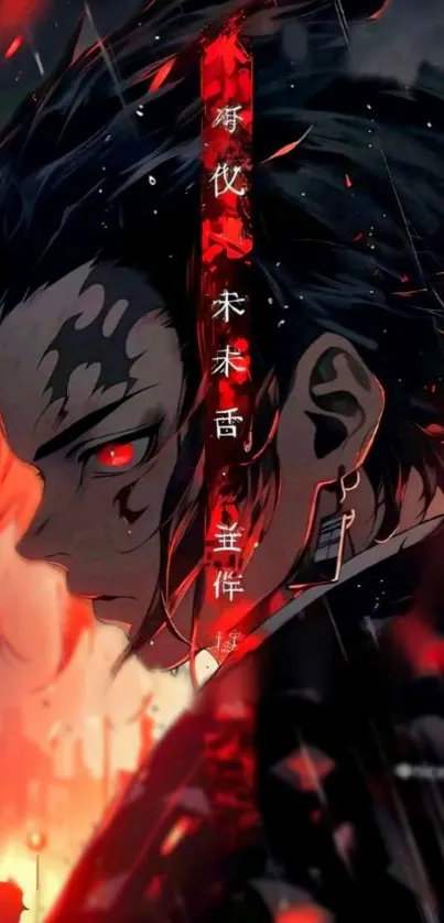 Dark anime character with red eyes in a dramatic, shadowy setting.