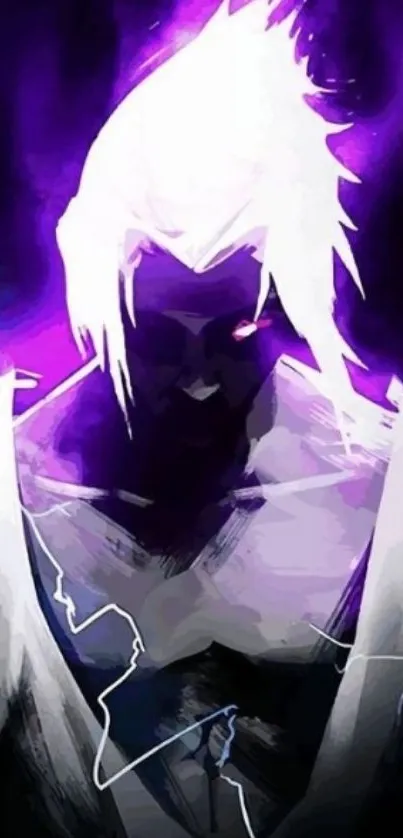 Anime character with dark silhouette and vibrant purple aura.