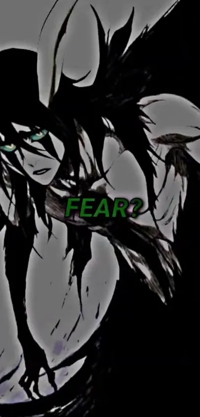 Dark anime character with green eyes and fear theme on mobile wallpaper.