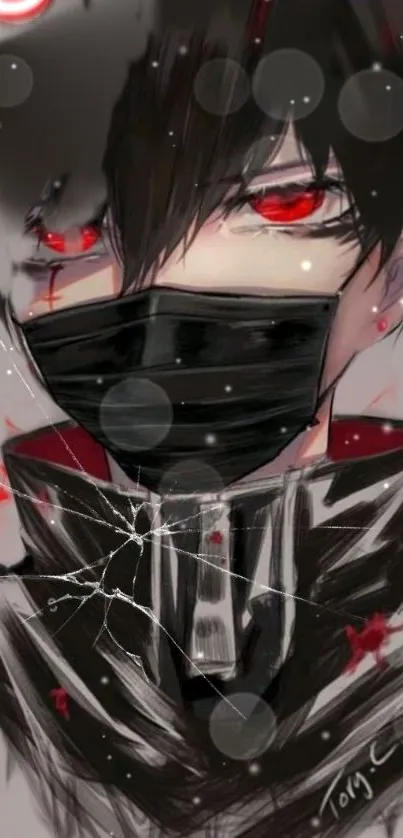 Dark anime character with mask and red eyes on mobile wallpaper.