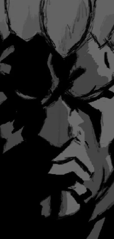 Dark anime character art with intense expression in grayscale tones.