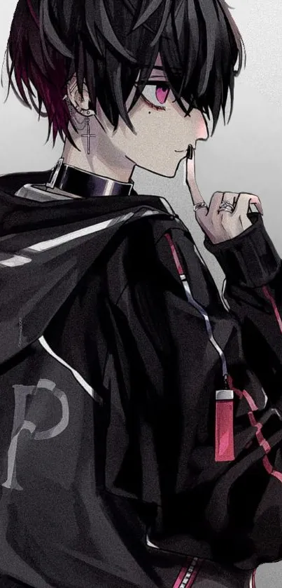 Anime character in a black hoodie with dark and edgy style.