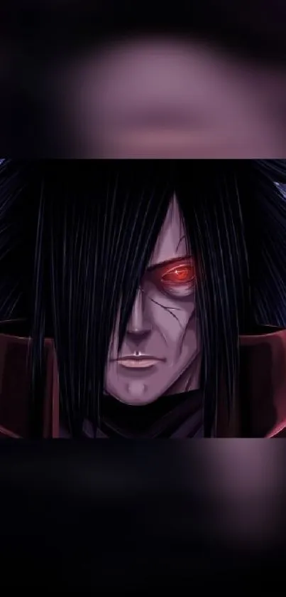 Dark-haired anime character with glowing red eyes.