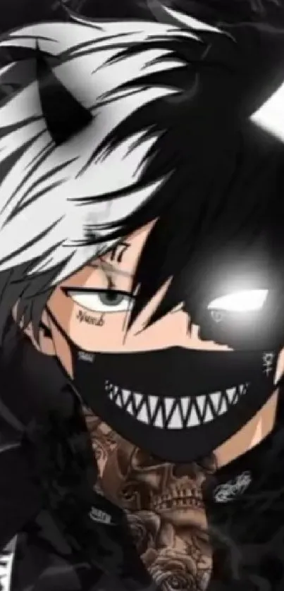 Dark anime character with half black and white hair and mask.