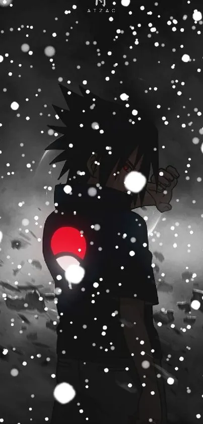 Dark anime character surrounded by snowflakes.