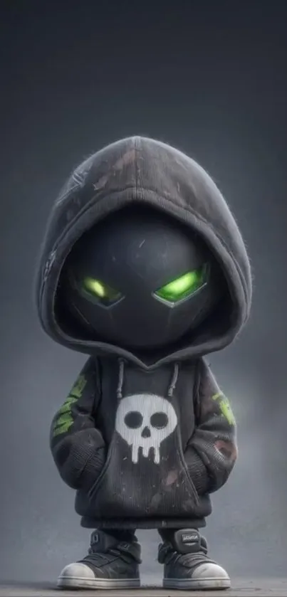 Hooded anime character with glowing eyes and skull design in dark theme.