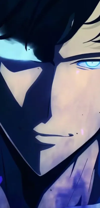 Dark anime character with vivid blue eyes.