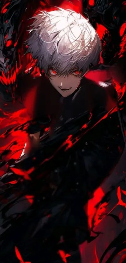 Powerful anime character with red eyes and dark shadows in dynamic wallpaper.