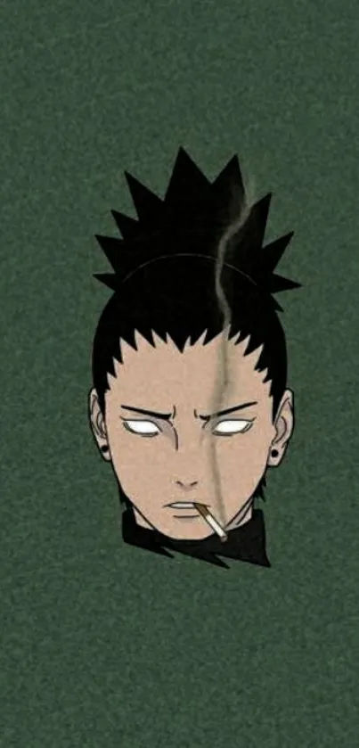 Dark anime character with spiky hair against a dark green background.