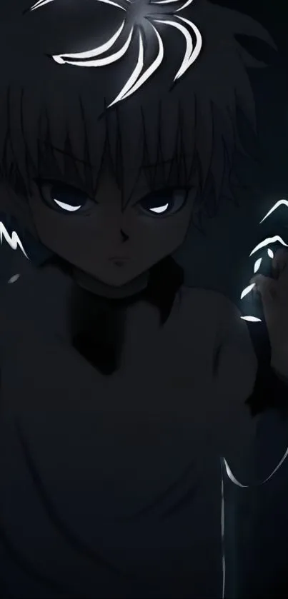 Dark anime character with glowing eyes on a black background.