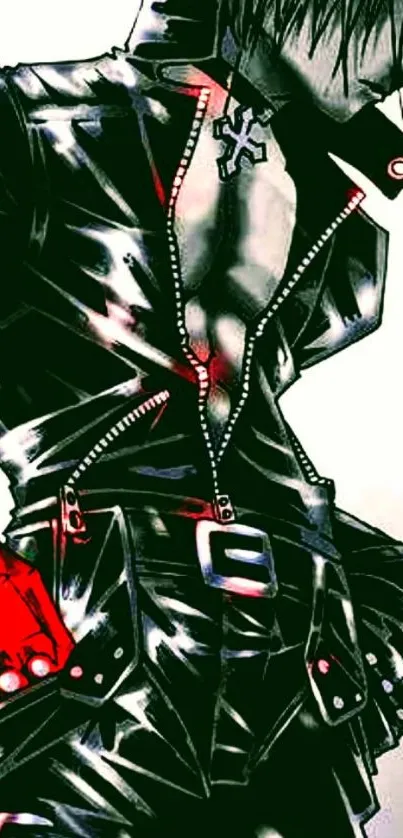 Anime character in black and red leather attire with vibrant highlights.