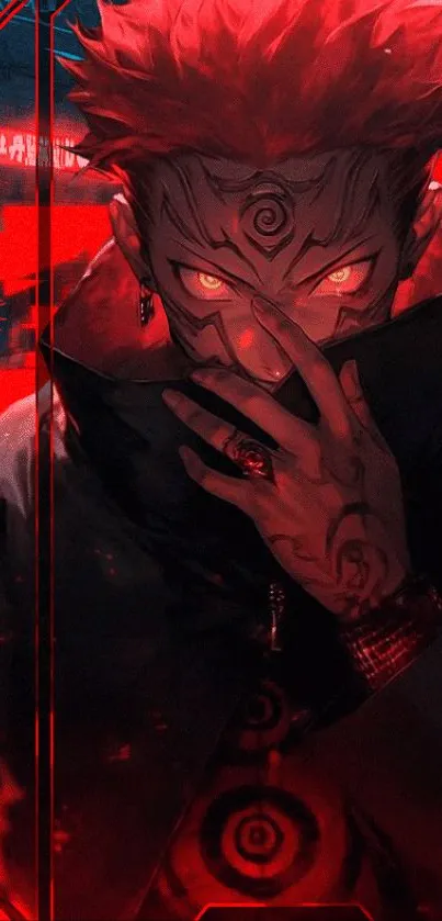 Dark anime character with red eyes in a dramatic pose.