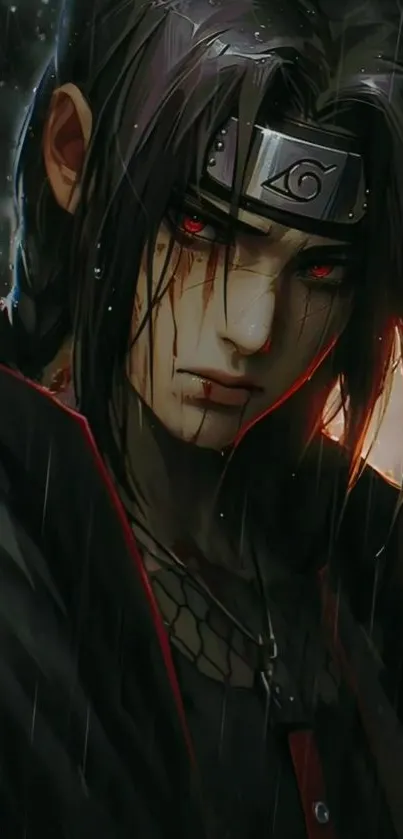 Dark and intense anime character with red eyes, black outfit, and intricate details.