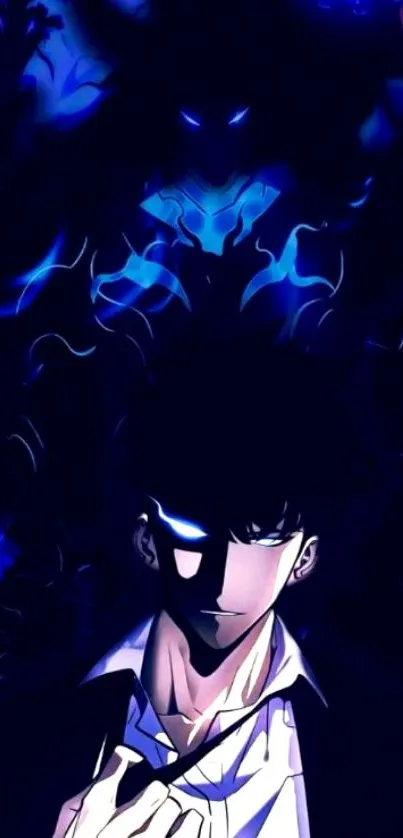 Dark anime character with mystical shadows in background.