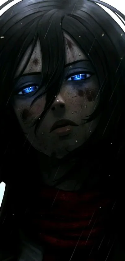 Dark anime character with blue eyes and black hair in a dramatic setting.