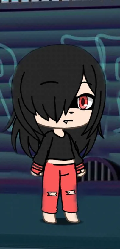 Dark anime character with black hair and red eyes.