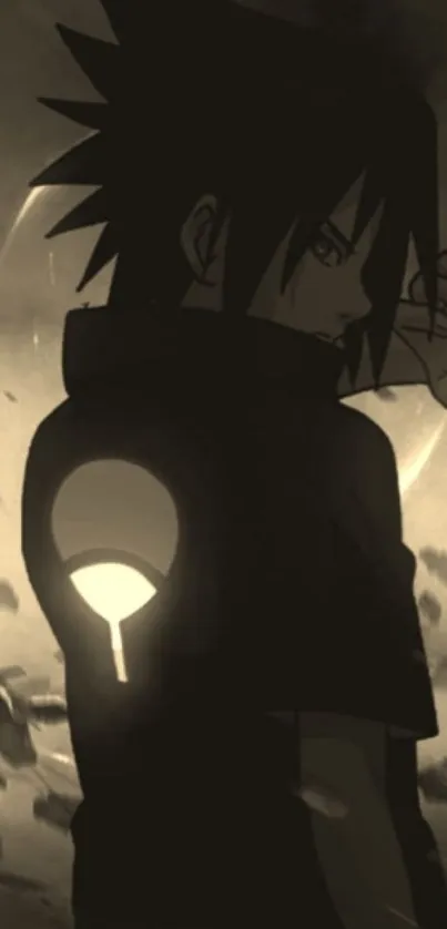 Dark anime character with a glowing symbol in sepia tones.