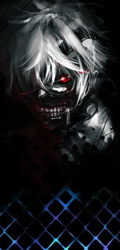 Anime character with dark theme and vibrant red eyes on a phone wallpaper.