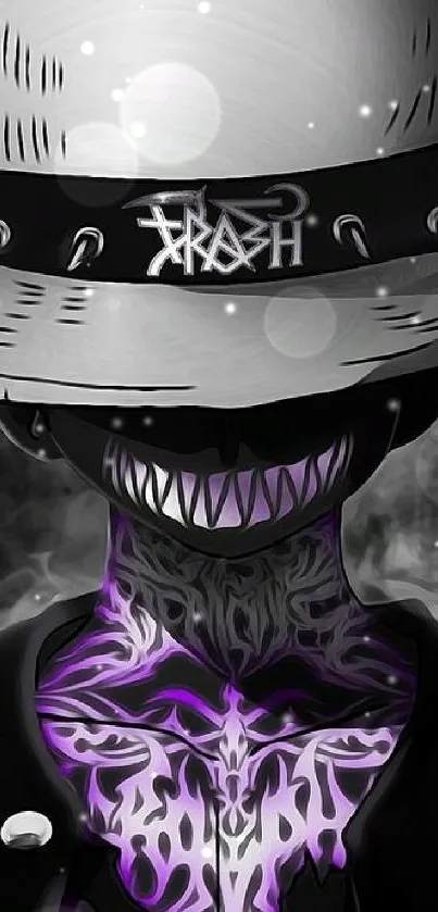 Dark anime character with hat and purple accents.