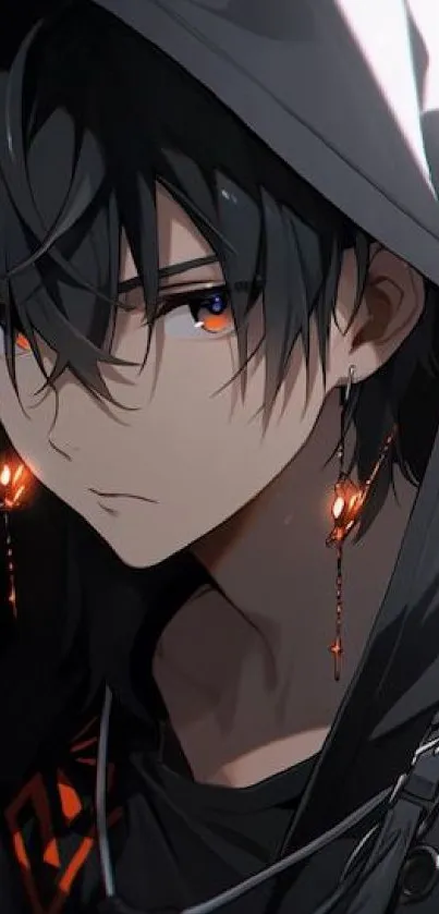 Dark anime character with hood and glowing orange eyes.