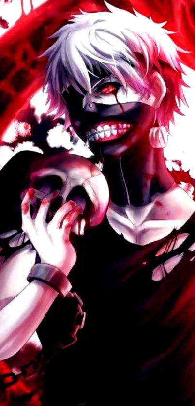 Dark anime character with white hair and a mask in vivid red tones.