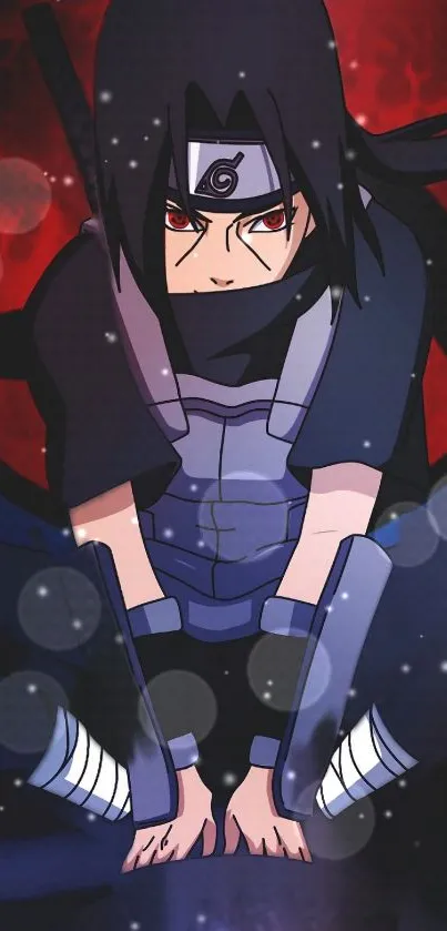 Dark-themed anime character with red background.