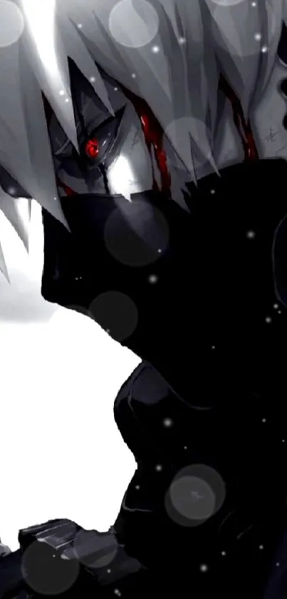 Dark anime character with red eye close-up.