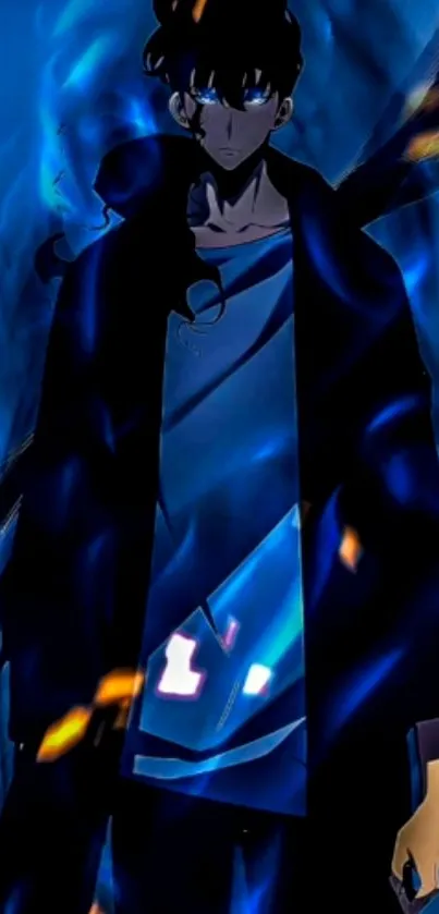 Dark anime character with vibrant blue hues in mysterious style.