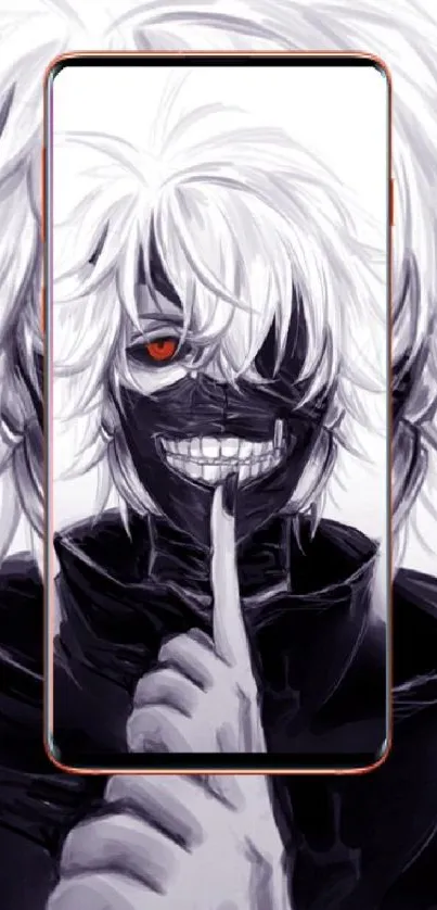 Dark anime character with white hair and intense expression on a phone wallpaper.