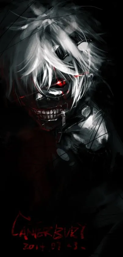 Dark anime character with red eyes and eerie grin, black background.