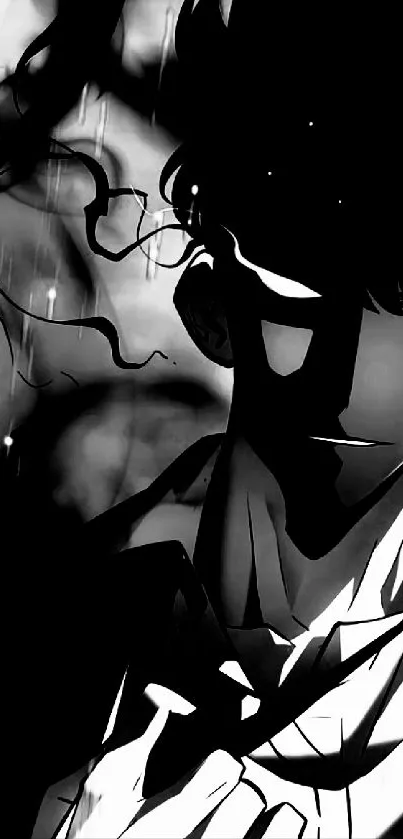 Black-and-white anime character with dark, mysterious features in rain.