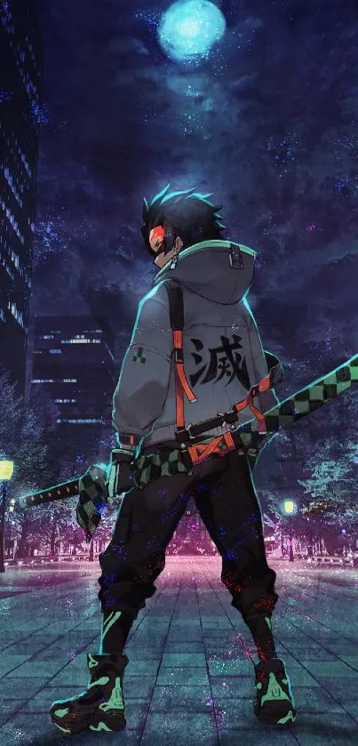 Anime warrior in dark city under full moon.