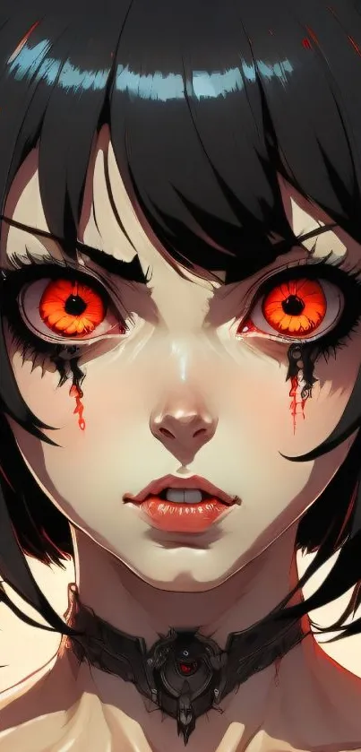 Dark anime demon with red eyes and horns on a vibrant background.