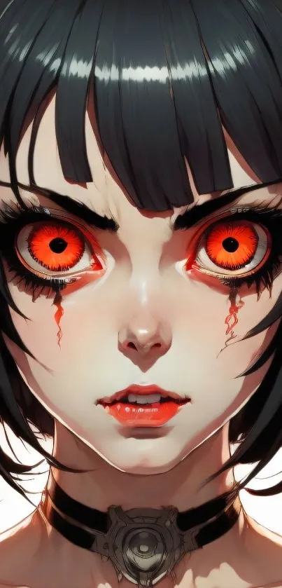 Anime demon girl with fiery red eyes and dark hair in gothic style.