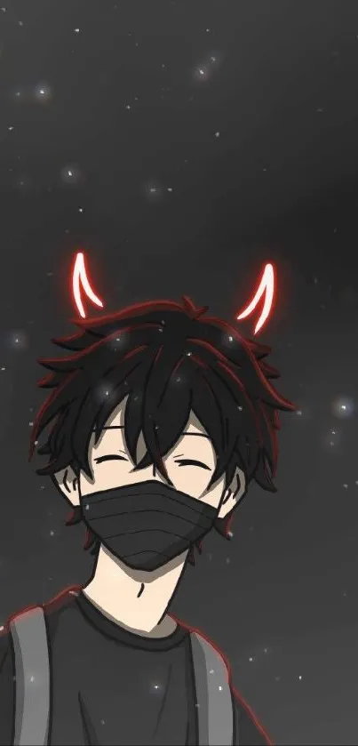 Dark anime character with red devil horns on a black background.