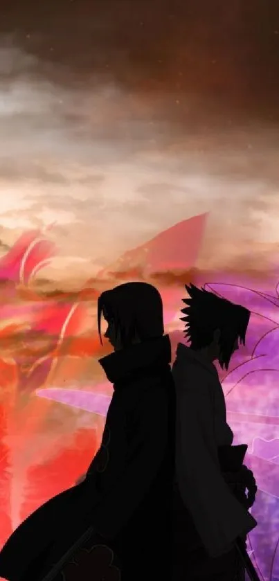 Anime silhouette on fiery red and purple background.