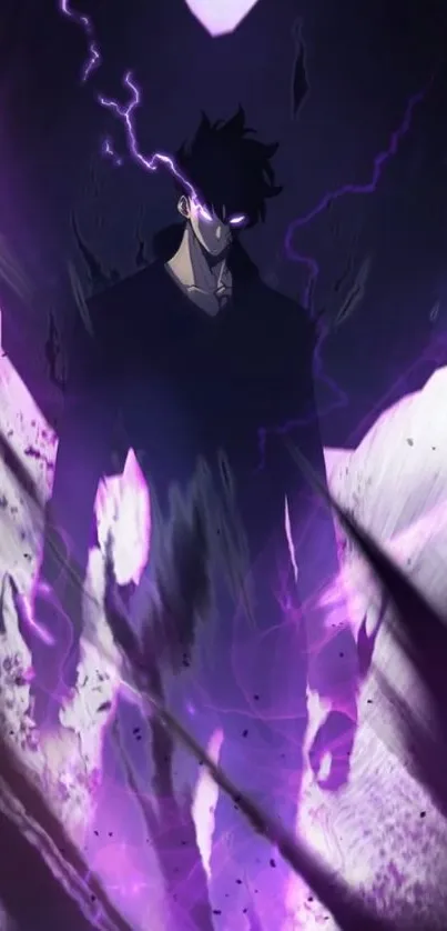 Dark anime character with electric purple aura wallpaper.