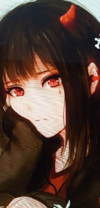 Dark anime girl with red accents and an intense gaze.