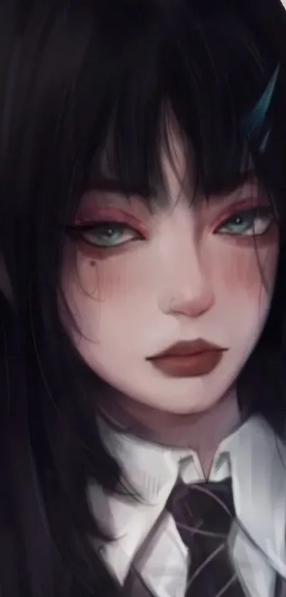 Dark-themed anime girl with expressive eyes and black hair in artistic style.