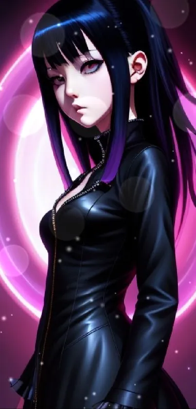 Anime girl with dark hair and neon background.