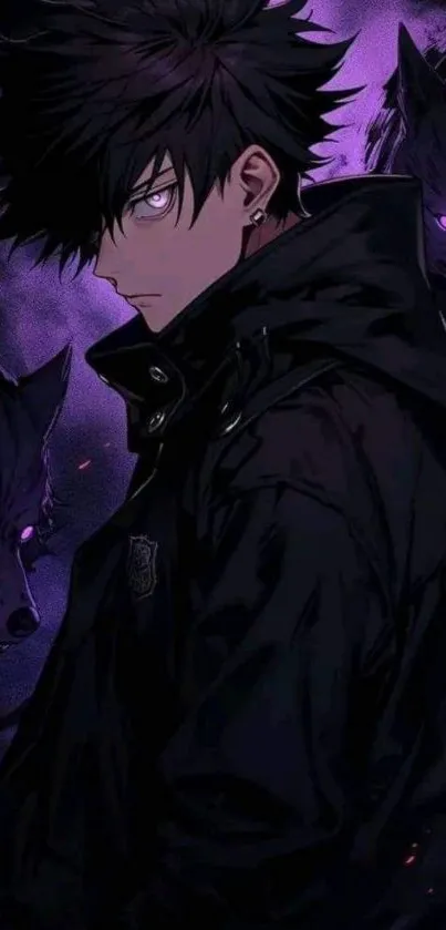 Dark anime hero with wolves in purple theme.