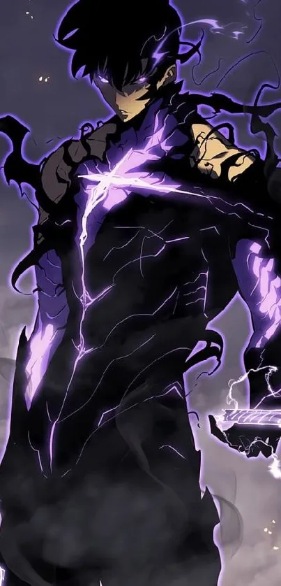 Shadowy anime character with electric purple aura wallpaper.