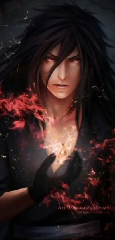 Mysterious anime character with fiery aura in dark fantasy setting.