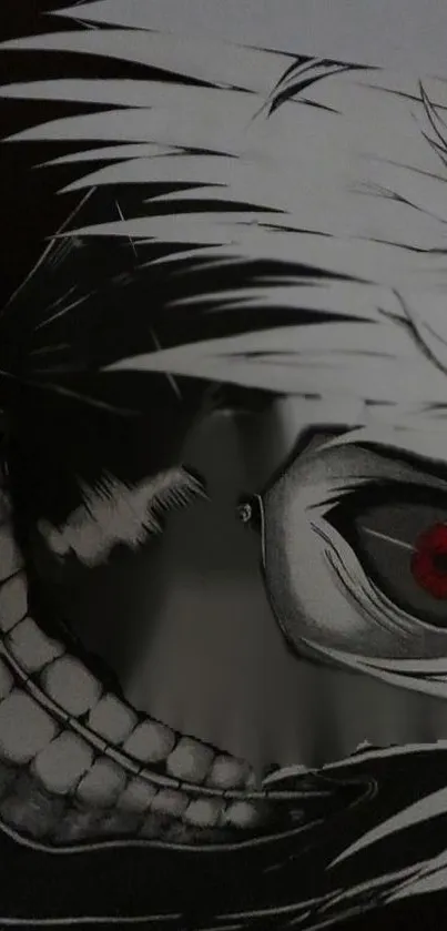 Dark anime art featuring a sinister masked character with red eyes.