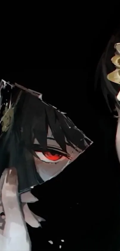 Dark anime art with mask, red eyes, and golden embellishments.