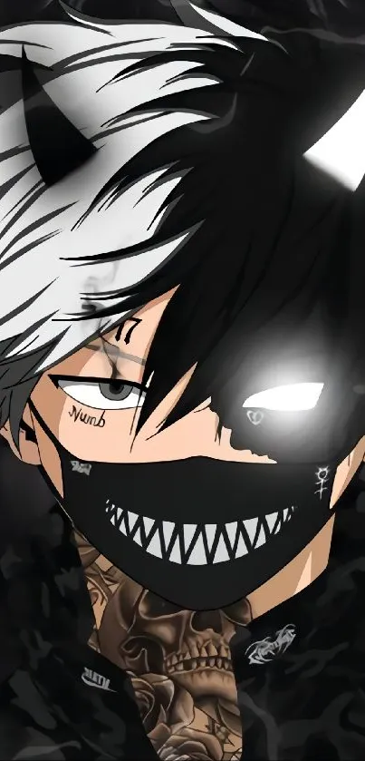 Dark anime character with mask and black-white contrast wallpaper.