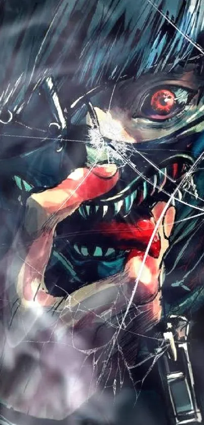 Dark anime character with mask and red eyes in an intense artwork wallpaper.